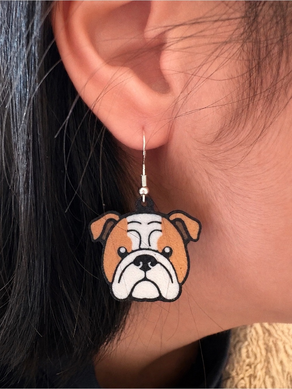 Bulldog Drop Earrings - Brown and White Dog Face